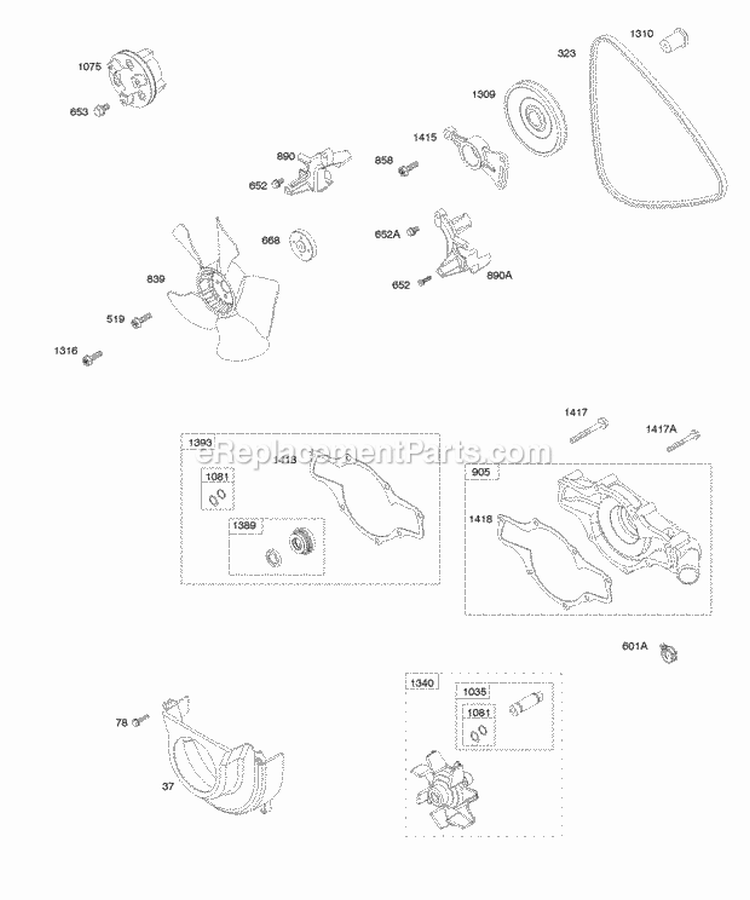 Radiator Fan Vee Belt Water Pump Case Diagram and Parts List for 613177-0114-E1  Briggs and Stratton Engine